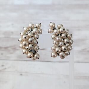 Vintage Clip On Earrings Faux Pearl Large Statement Dull Tone Faux Pearls